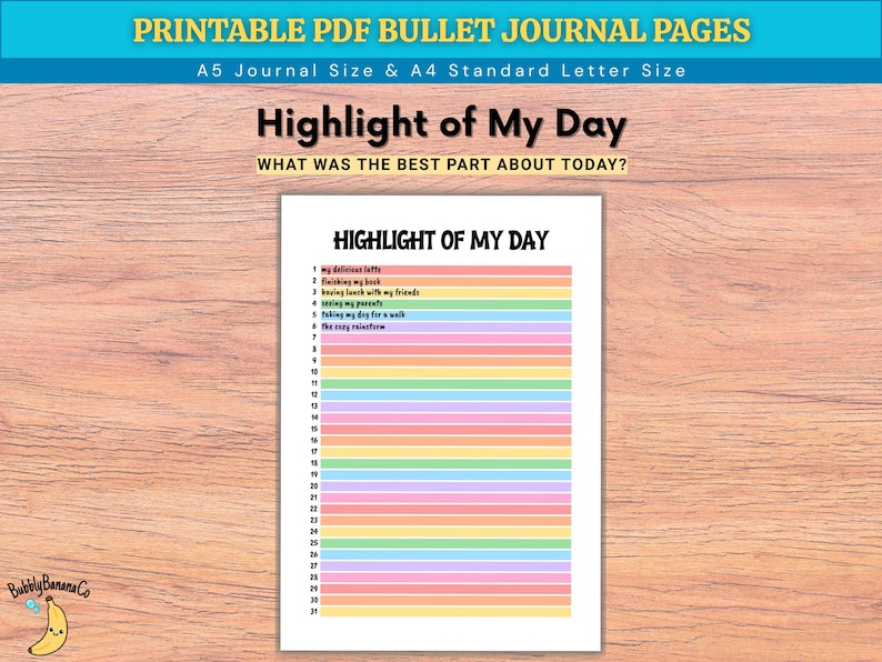 K&ouml;nnte beinhalten: Eine druckbare Bullet-Journal-Seite mit dem Titel Highlight of My Day und dem Untertitel What Was The Best Part About Today? Die Seite enth&auml;lt eine nummerierte Liste von 1 bis 31 mit abwechselnden pastellfarbenen horizontalen Linien.