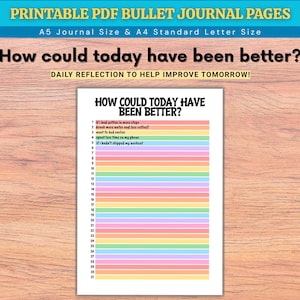 May include: A printable bullet journal page featuring the title How Could Today Have Been Better? and a daily reflection list. The document includes thirty-one numbered lines with alternating pastel colored backgrounds in pink, yellow, blue, and green.