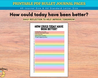 Könnte beinhalten: Eine druckbare Bullet-Journal-Seite mit dem Titel How Could Today Have Been Better? und einer Liste zur täglichen Reflexion. Das Dokument enthält einunddreißig nummerierte Zeilen mit abwechselnd pastellfarbenen Hintergründen in Rosa, Gelb, Blau und Grün.