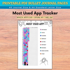 Könnte beinhalten: Eine druckbare PDF-Bullet-Journal-Seite mit dem Titel „Most Used App Tracker“. Die Seite enthält ein Raster zur Verfolgung der App-Nutzung mit farbcodierten Abschnitten für Instagram, TikTok, Facebook, Snapchat, YouTube, Pinterest, Nachrichten und Online-Surfen.