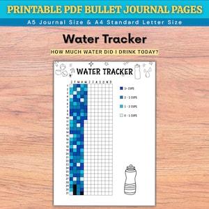 Peut inclure: Une page de suivi de l'eau PDF imprimable avec le texte "Water Tracker" et "How much water did I drink today ?" Le suivi a une grille pour suivre la consommation d'eau, avec une clé codée par couleur pour différents niveaux de tasses. La page est au format A5.