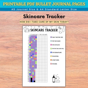 Peut inclure: Une page de journal de suivi des soins de la peau en PDF imprimable avec une grille pour noter les routines quotidiennes, masques, exfoliations, gua sha, dermaplaning, rétinol et autres habitudes. Inclut une légende en couleur et des icônes.
