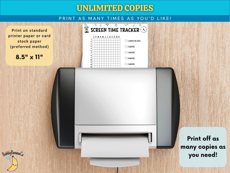 Op de afbeelding: Een printer die een "Screen Time Tracker"-blad afdrukt. Het blad heeft een grafiek voor het bijhouden van schermtijd. De afbeelding bevat ook tekst die zegt "Afdrukken op standaard printerpapier of karton (voorkeursmethode) 21,6 cm x 27,9 cm" en "Druk zoveel exemplaren af als je nodig hebt!"