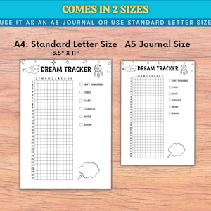 Puede incluir: Dos p&aacute;ginas de diario blancas "Dream Tracker", una de 21,6 cm x 27,9 cm y la otra de tama&ntilde;o A5, con una cuadr&iacute;cula para rastrear los sue&ntilde;os. Las p&aacute;ginas incluyen el texto "Dream Tracker", "JFMAMJJASOND" y casillas de verificaci&oacute;n para las caracter&iacute;sticas de los sue&ntilde;os. El banner superior dice "COMES IN 2 SIZES".