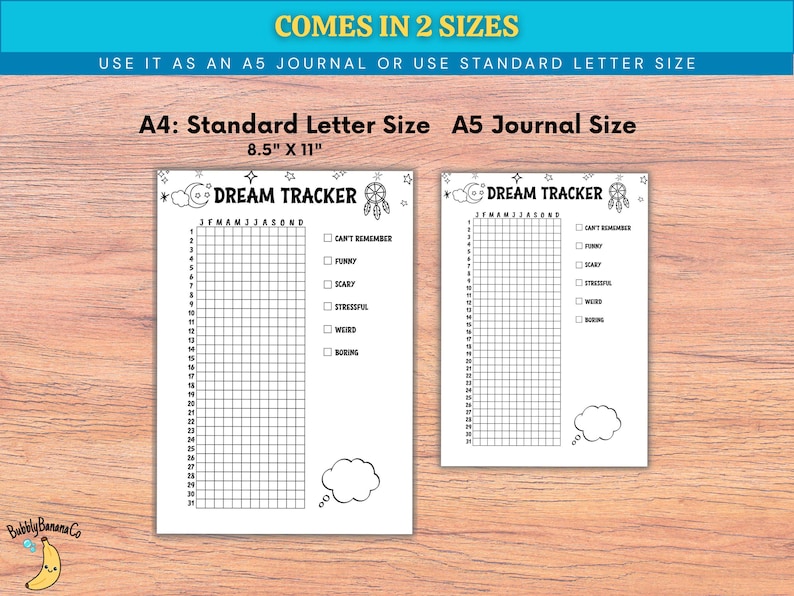 Puede incluir: Dos p&aacute;ginas de diario blancas "Dream Tracker", una de 21,6 cm x 27,9 cm y la otra de tama&ntilde;o A5, con una cuadr&iacute;cula para rastrear los sue&ntilde;os. Las p&aacute;ginas incluyen el texto "Dream Tracker", "JFMAMJJASOND" y casillas de verificaci&oacute;n para las caracter&iacute;sticas de los sue&ntilde;os. El banner superior dice "COMES IN 2 SIZES".