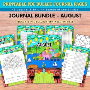 Puede incluir: Un paquete de páginas de diario tipo bullet journal en PDF imprimible para agosto, con ilustraciones coloridas de limones, escenas de pueblos costeros y plantillas de seguimiento. Incluye calendario, rastreador de hábitos, sueño y estado de ánimo.