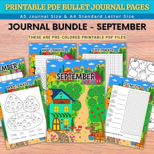 Peut inclure: Un ensemble de pages de journal de bord PDF imprimables pour septembre, avec des illustrations colorées sur le thème de l'automne représentant des vergers, des maisons et des suivis. Inclut calendrier, suivi d'habitudes, sommeil, humeur et remplissage.