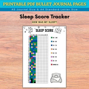 May include: A printable PDF sleep score tracker with the text "Sleep Score Tracker" and "How was my sleep?" The tracker includes a grid for monthly tracking, color-coded sleep quality indicators, and a bed illustration. The document is A5 and A4 size.