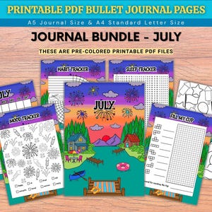 May include: A bundle of printable PDF bullet journal pages for July featuring colorful illustrations of a lake scene with fireworks, a house, and a dock. The set includes a calendar, habit tracker, sleep tracker, mood tracker, and a fill my cup page.