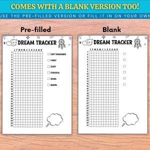 Puede incluir: Dos hojas blancas de Dream Tracker, una prellenada y otra en blanco, sobre un fondo de madera. La hoja prellenada tiene una cuadr&iacute;cula para rastrear los sue&ntilde;os, con casillas de verificaci&oacute;n para las caracter&iacute;sticas de los sue&ntilde;os. El texto "COMES WITH A BLANK VERSION TOO!" est&aacute; en la parte superior.