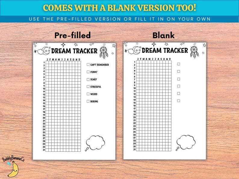 Puede incluir: Dos hojas blancas de Dream Tracker, una prellenada y otra en blanco, sobre un fondo de madera. La hoja prellenada tiene una cuadr&iacute;cula para rastrear los sue&ntilde;os, con casillas de verificaci&oacute;n para las caracter&iacute;sticas de los sue&ntilde;os. El texto "COMES WITH A BLANK VERSION TOO!" est&aacute; en la parte superior.