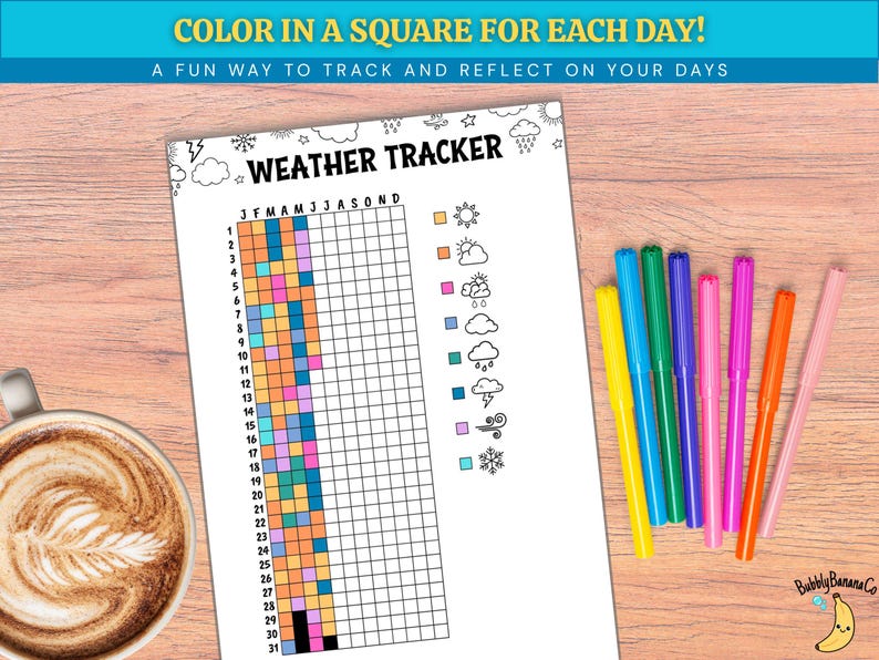 May include: A white weather tracker chart with the text "COLOR IN A SQUARE FOR EACH DAY!" and "A FUN WAY TO TRACK AND REFLECT ON YOUR DAYS". The chart has a grid for tracking weather, with colorful markers and a cup of coffee on a wooden surface.