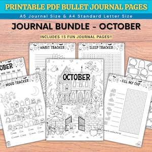 May include: A collection of printable PDF bullet journal pages for October, featuring black and white designs with Halloween themes. The bundle includes a calendar, habit tracker, sleep tracker, mood tracker, and fill my cup page with ghosts, pumpkins, and a haunted house illustration.