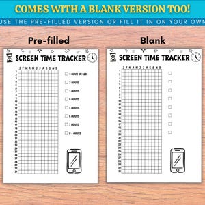 Op de afbeelding: Twee witte screen time tracker vellen met de tekst "SCREEN TIME TRACKER". E&eacute;n is vooraf ingevuld, de andere is leeg. De vellen hebben een raster om de dagelijkse schermtijd bij te houden, met een klok en een telefoonicoon.