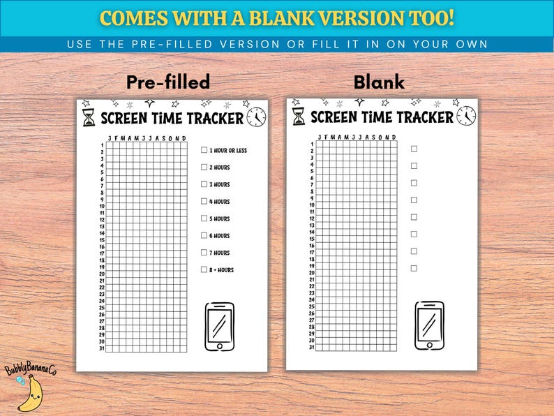 Op de afbeelding: Twee witte screen time tracker vellen met de tekst "SCREEN TIME TRACKER". E&eacute;n is vooraf ingevuld, de andere is leeg. De vellen hebben een raster om de dagelijkse schermtijd bij te houden, met een klok en een telefoonicoon.