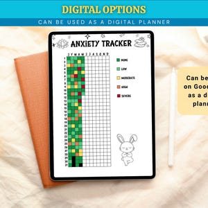 May include: A digital anxiety tracker displayed on a tablet. The tracker features a grid for monthly tracking, color-coded for anxiety levels, and includes the text "ANXIETY TRACKER". The image also includes the text "Can be used on Goodnotes as a digital planner!"
