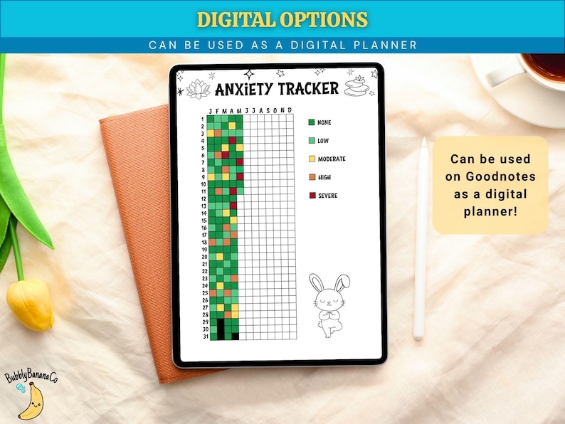 May include: A digital anxiety tracker displayed on a tablet. The tracker features a grid for monthly tracking, color-coded for anxiety levels, and includes the text "ANXIETY TRACKER". The image also includes the text "Can be used on Goodnotes as a digital planner!"