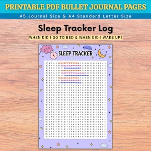 May include: A printable sleep tracker log page featuring a light purple background with stars, clouds, a moon, and a clock icon. The document includes a grid with numbers 1 through 31 for days and 6 through 12 and 1 through 5 for time tracking.