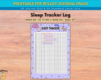 Könnte beinhalten: Eine druckbare Schlaf-Tracker-Seite mit hellviolettem Hintergrund, verziert mit Sternen, Wolken, einem Mond und einem Uhrensymbol. Das Dokument enthält ein Raster mit den Zahlen 1 bis 31 für Tage sowie 6 bis 12 und 1 bis 5 für die Zeiterfassung.