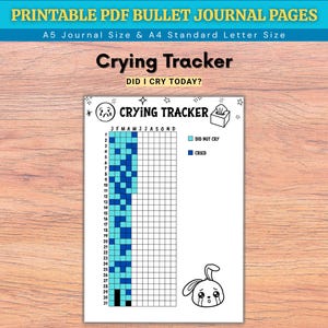 May include: A printable PDF bullet journal page with a crying tracker. The page includes a grid to track crying days, with a key indicating "Did Not Cry" and "Cried." The design features a crying face, a tissue box, and a sad bunny illustration.