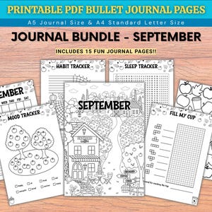 May include: A collection of printable PDF bullet journal pages for September, including 15 pages with themes like habit trackers, sleep trackers, mood trackers, and calendar layouts. The black and white designs feature autumn motifs like apples, leaves, and coffee shop illustrations.