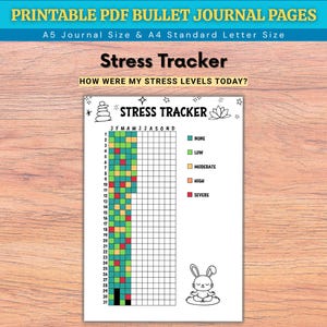 May include: A printable PDF bullet journal page featuring a stress tracker. The page has a grid for tracking stress levels, with colour-coded sections for different levels. Text at the top reads "Stress Tracker" and "How were my stress levels today?"