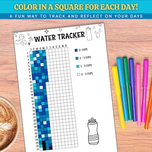 May include: A water tracker sheet with the text "COLOR IN A SQUARE FOR EACH DAY!" and "WATER TRACKER". The sheet has a grid for tracking water intake, with a key for different cup levels. Colorful markers and a cup of coffee are next to the sheet.