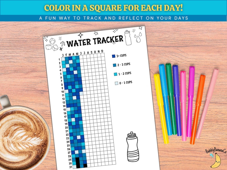 May include: A water tracker sheet with the text "COLOR IN A SQUARE FOR EACH DAY!" and "WATER TRACKER". The sheet has a grid for tracking water intake, with a key for different cup levels. Colorful markers and a cup of coffee are next to the sheet.
