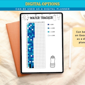 May include: A digital water tracker displayed on a tablet. The tracker features a grid for monthly tracking, with color-coded sections for water intake. Text at the top reads "DIGITAL OPTIONS" and "CAN BE USED AS A DIGITAL PLANNER."