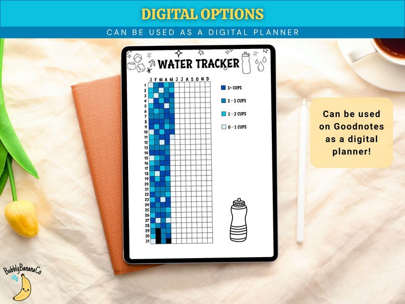 May include: A digital water tracker displayed on a tablet. The tracker features a grid for monthly tracking, with color-coded sections for water intake. Text at the top reads "DIGITAL OPTIONS" and "CAN BE USED AS A DIGITAL PLANNER."