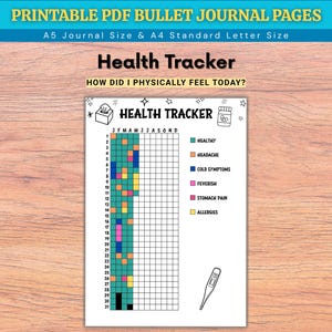Könnte beinhalten: Ein druckbarer PDF-Gesundheitstracker mit dem Text „Health Tracker“ und „How did I physically feel today?“. Der Tracker enthält ein Raster zur täglichen Symptomverfolgung mit farbcodierten Schlüsseln für verschiedene Gesundheitszustände. Das Dokument ist im A5-Journalformat und im A4-Standardformat.