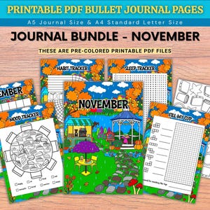 Op de afbeelding: Een verzameling printbare PDF-bullet journal pagina's voor november, met een bundel trackers waaronder een kalender, gewoonte-tracker, slaap-tracker, stemmings-tracker en een vul-mijn-kopje pagina, versierd met kleurrijke herfstillustraties.