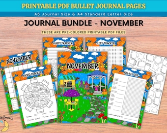Op de afbeelding: Een verzameling printbare PDF-bullet journal pagina's voor november, met een bundel trackers waaronder een kalender, gewoonte-tracker, slaap-tracker, stemmings-tracker en een vul-mijn-kopje pagina, versierd met kleurrijke herfstillustraties.
