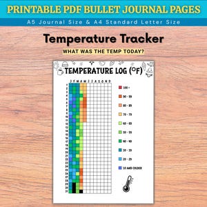 May include: A printable PDF bullet journal page with a temperature tracker. The page includes a grid for daily temperature logging, color-coded by temperature range, and the text "Temperature Tracker" and "What was the temp today?" in a decorative font. The page is A5 and A4 size.