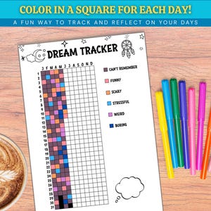 Puede incluir: Una hoja blanca "Dream Tracker" con una cuadr&iacute;cula para rastrear los sue&ntilde;os, acompa&ntilde;ada de marcadores coloridos. El texto en la parte superior dice "COLOR IN A SQUARE FOR EACH DAY!" y "A FUN WAY TO TRACK AND REFLECT ON YOUR DAYS". Una taza de caf&eacute; est&aacute; en la esquina.