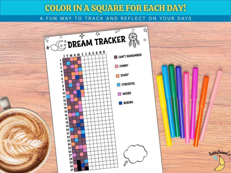 Puede incluir: Una hoja blanca "Dream Tracker" con una cuadr&iacute;cula para rastrear los sue&ntilde;os, acompa&ntilde;ada de marcadores coloridos. El texto en la parte superior dice "COLOR IN A SQUARE FOR EACH DAY!" y "A FUN WAY TO TRACK AND REFLECT ON YOUR DAYS". Una taza de caf&eacute; est&aacute; en la esquina.