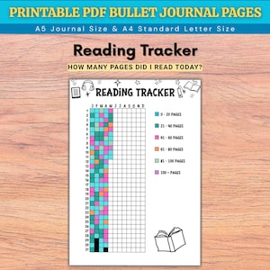 May include: A printable PDF reading tracker with the text "Reading Tracker" and "How many pages did I read today?" The tracker includes a grid to mark daily reading progress, with color-coded page ranges. The text "A5 Journal Size & A4 Standard Letter Size" is also visible.