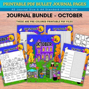 May include: A bundle of printable PDF bullet journal pages for October featuring Halloween themes. The pages include a calendar, habit tracker, sleep tracker, mood tracker with tombstones, and a fill my cup page with ghost and candy outlines.