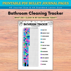 May include: A printable PDF bathroom cleaning tracker page featuring a grid for tracking daily chores across months. The document includes a color-coded legend for tasks like disinfecting the toilet, scrubbing the shower, and mopping, with numbered rows from 1 to 31.