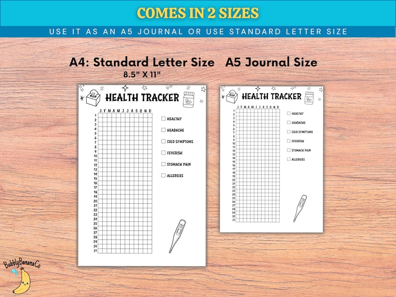 May include: Two white health tracker sheets, one 8.5" x 11" and the other A5 size, with the text "HEALTH TRACKER". Each sheet has a grid for tracking health symptoms, with checkboxes for conditions like headache and allergies. The top banner reads "COMES IN 2 SIZES".