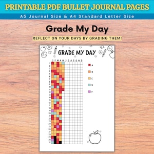 Könnte beinhalten: Eine druckbare PDF-Bullet-Journal-Seite mit dem Text "Grade My Day" und einem Raster zur Verfolgung täglicher Noten. Die Seite enthält einen farbcodierten Schlüssel für die Noten A bis F und ist für die Journalgrößen A5 und A4 konzipiert.