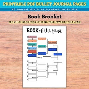 May include: A printable PDF bullet journal page featuring a book bracket design. The page includes the text "Book of the Year" and prompts to track favourite books. The design is on a wooden background.