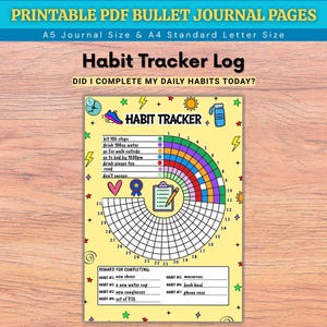 Könnte beinhalten: Eine druckbare Gewohnheits-Tracker-Seite mit gelbem Hintergrund, kreisförmigem Diagramm, bunten Symbolen und Belohnungsbereich. Der Text umfasst "PRINTABLE PDF BULLET JOURNAL PAGES", "Habit Tracker Log" und "DID I COMPLETE MY DAILY HABITS TODAY?"
