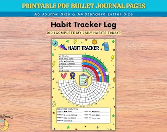 Könnte beinhalten: Eine druckbare Gewohnheits-Tracker-Seite mit gelbem Hintergrund, kreisförmigem Diagramm, bunten Symbolen und Belohnungsbereich. Der Text umfasst "PRINTABLE PDF BULLET JOURNAL PAGES", "Habit Tracker Log" und "DID I COMPLETE MY DAILY HABITS TODAY?"