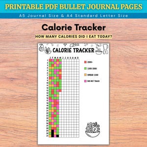 May include: A printable PDF calorie tracker bullet journal page featuring a grid with numbered rows 1-31 and month columns. The tracker includes a color-coded legend for calorie intake levels, black and white food illustrations, and the text Calorie Tracker.