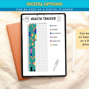 May include: A digital health tracker on a tablet, with a grid for tracking symptoms. The tracker includes color-coded sections for healthy, headache, cold symptoms, feverish, stomach pain, and allergies. Text at the top says "Digital Options" and "Can be used as a digital planner."