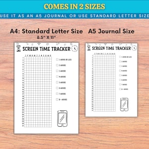 Op de afbeelding: Twee witte screen time tracker vellen met zwarte tekst en afbeeldingen. Het grotere vel is 21,6 cm x 27,9 cm en het kleinere is A5 formaat. Elk vel heeft een raster, een klok, een telefoonafbeelding en de tekst "SCREEN TIME TRACKER".