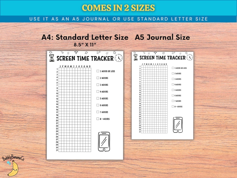 Op de afbeelding: Twee witte screen time tracker vellen met zwarte tekst en afbeeldingen. Het grotere vel is 21,6 cm x 27,9 cm en het kleinere is A5 formaat. Elk vel heeft een raster, een klok, een telefoonafbeelding en de tekst "SCREEN TIME TRACKER".