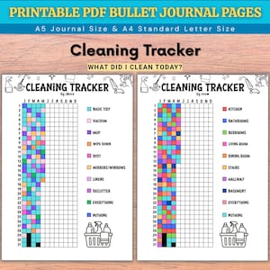 May include: Two printable PDF bullet journal pages for a cleaning tracker in A5 and A4 sizes. The pages feature a grid for tracking chores by chore or by room, with columns for months and rows for days, plus a color-coded legend and icons.