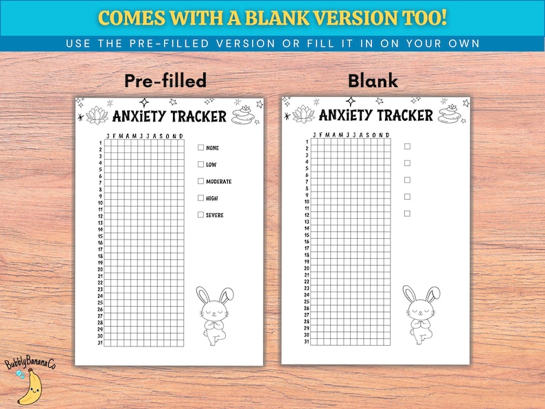 May include: Two white sheets of paper with anxiety trackers. The left sheet is pre-filled, and the right sheet is blank. Both sheets have the text "ANXIETY TRACKER" at the top, with a grid for tracking and a cute bunny illustration.